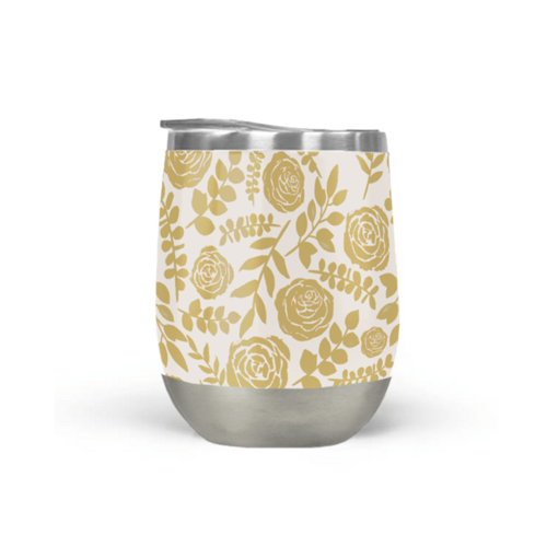 Gold Floral Wine Tumbler Keeps Drinks Cold Outdoor Parties