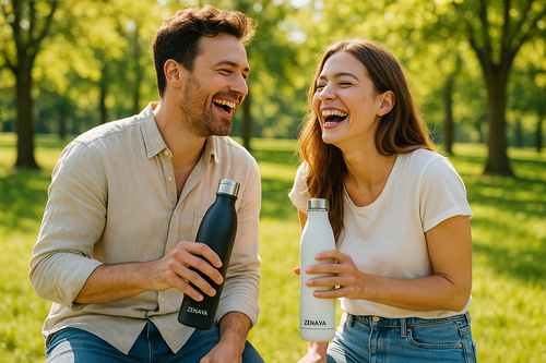 A young couple in their early 30s outdoors on a sunny day, laughing together while drinking from Zenava eco-friendly water bottles. Natural park setting, greenery, casual outfits, authentic smiles. Bright lifestyle photography, wellness and joy of living.