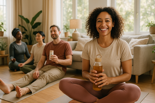 Create realistic lifestyle photos of diverse people looking very happy and relaxed while using Zenava wellness and relaxation products at home. Show natural light, cozy interiors, and a calm atmosphere. Include men and women of different ages (20s to 40s), smiling, enjoying self-care rituals, drinking from eco-friendly bottles, doing yoga with mats, or relaxing with comfort items. The images should look authentic, warm, and inspiring, like real lifestyle photography for a modern wellness brand.