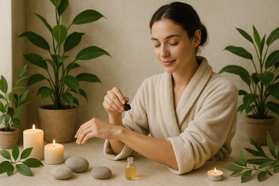 Une ambiance zen avec une femme détendue en peignoir, appliquant doucement de l’huile sur ses bras, entourée de plantes fraîches et éléments naturels (feuilles, pierres, bougies). L’accent sur l’aspect rafraîchissant et apaisant.