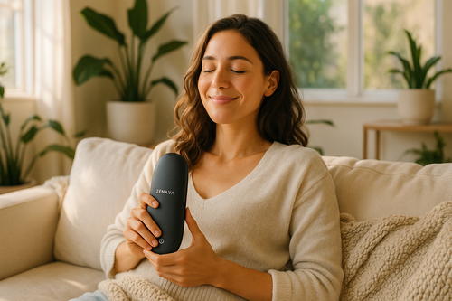 A young woman in her late 20s relaxing on a soft couch in a bright living room, smiling and enjoying her Zenava relaxation product. Warm natural sunlight, cozy interior with plants, soft blankets, and a calm atmosphere. Lifestyle photography, authentic and joyful expression.
