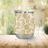 Gold Floral Wine Tumbler Keeps Drinks Cold Outdoor Parties