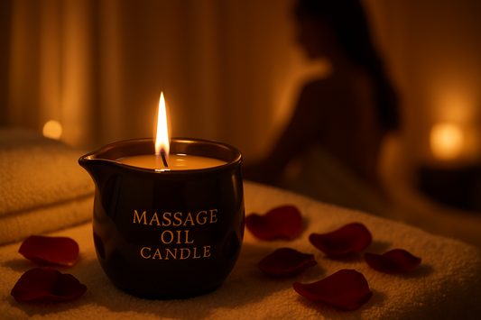 femme utilise Light, melt, and pour for a sensual massage. Dame Products’ Massage Oil Candle hydrates skin and sets the mood for intimate, relaxing moments. life style