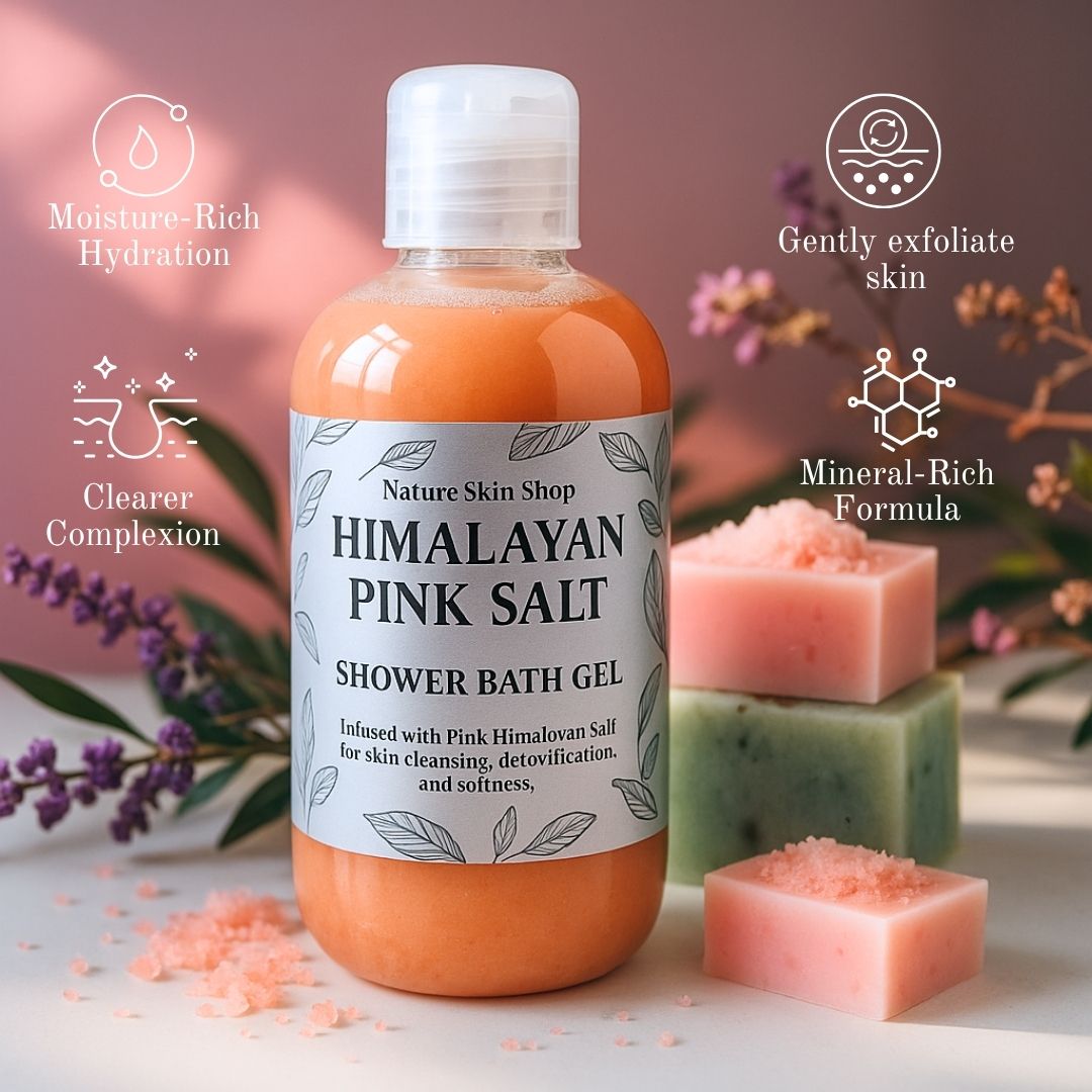 Himalayan pink salt shower gel in clear bottle with natural ingredients – Zenava