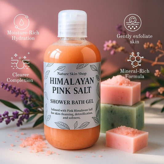 Himalayan pink salt shower gel in clear bottle with natural ingredients – Zenava