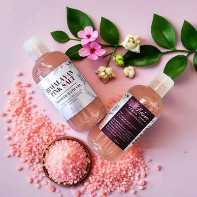 Himalayan pink salt shower gel in clear bottle with natural ingredients – Zenava
