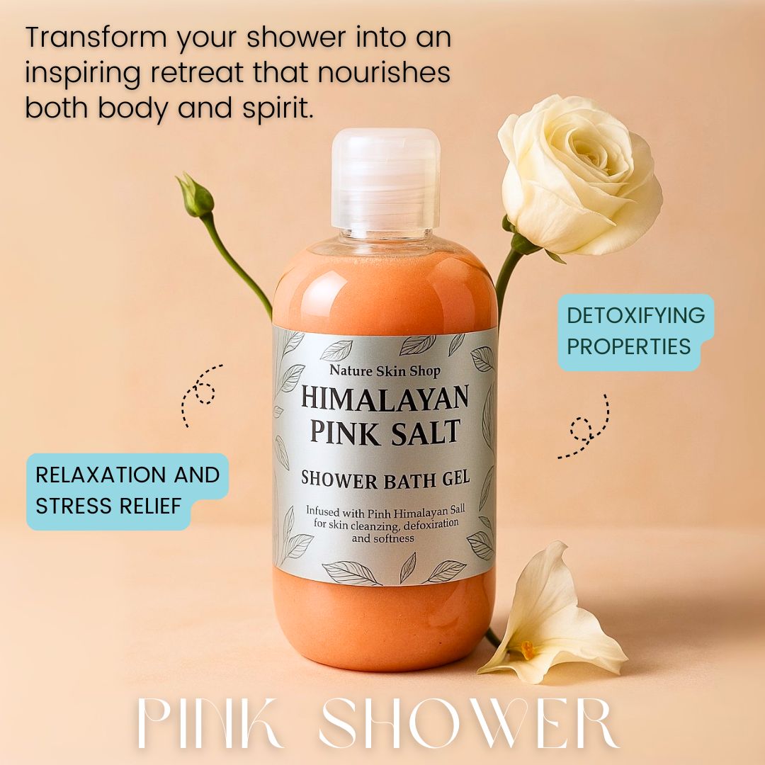 Himalayan pink salt shower gel in clear bottle with natural ingredients – Zenava
