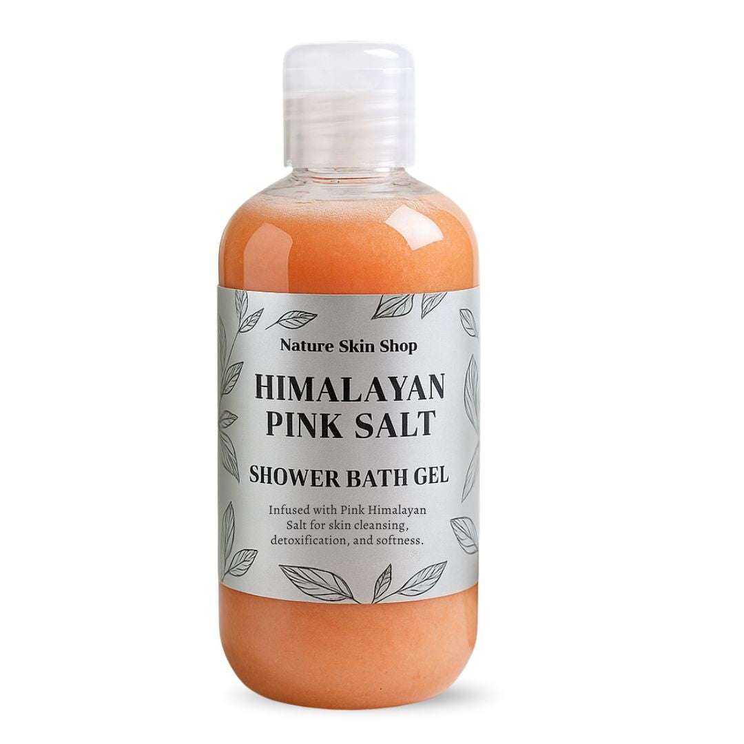 Himalayan pink salt shower gel in clear bottle with natural ingredients – Zenava
