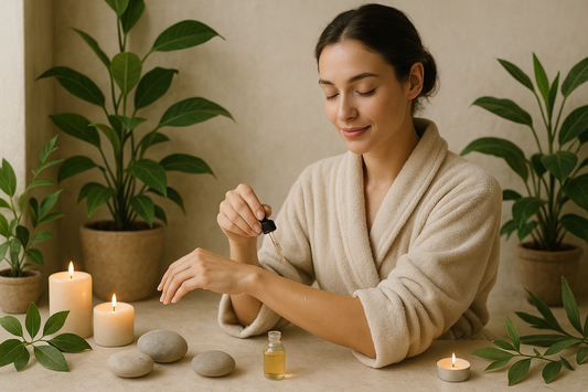 Une ambiance zen avec une femme détendue en peignoir, appliquant doucement de l’huile sur ses bras, entourée de plantes fraîches et éléments naturels (feuilles, pierres, bougies). L’accent sur l’aspect rafraîchissant et apaisant.