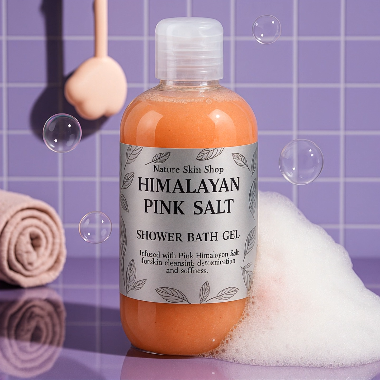 Himalayan pink salt shower gel in clear bottle with natural ingredients – Zenava
